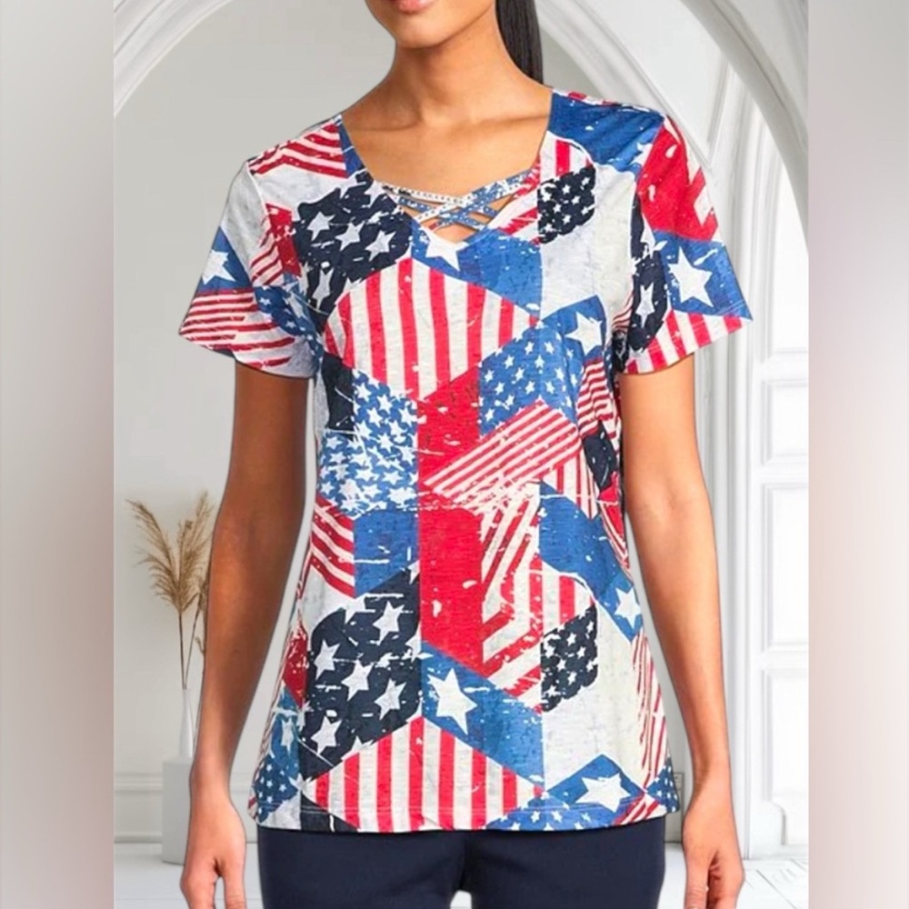 Allison Daley Flag Print Short Sleeve Criss
Cross V-Neck Top, (NWT) Size PS